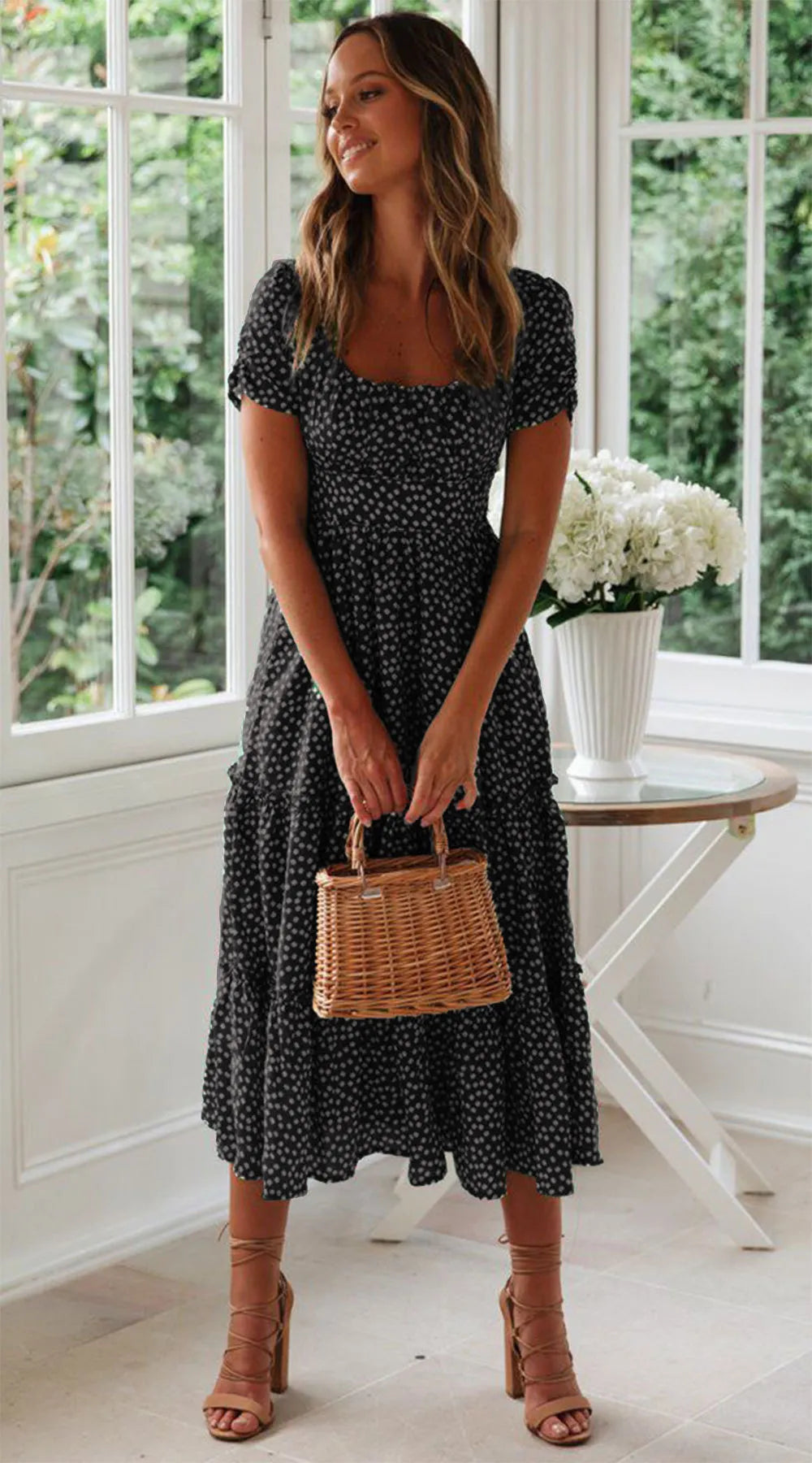 Square Collar Short Sleeve Dress Summer Puff Floral Printed Dress Long Dresses