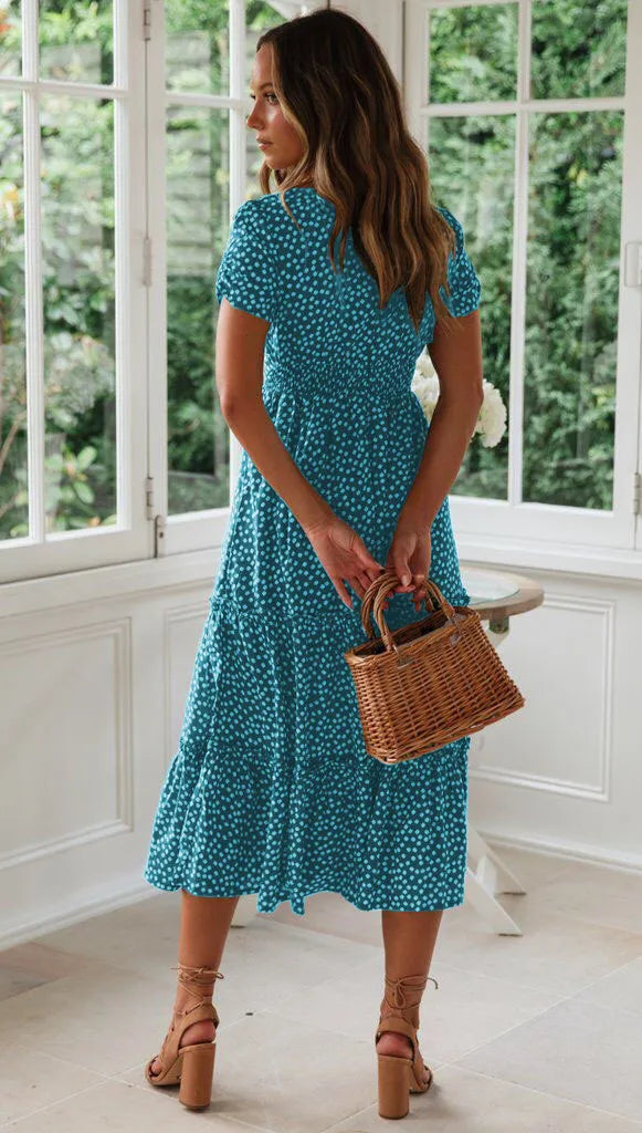 Square Collar Short Sleeve Dress Summer Puff Floral Printed Dress Long Dresses