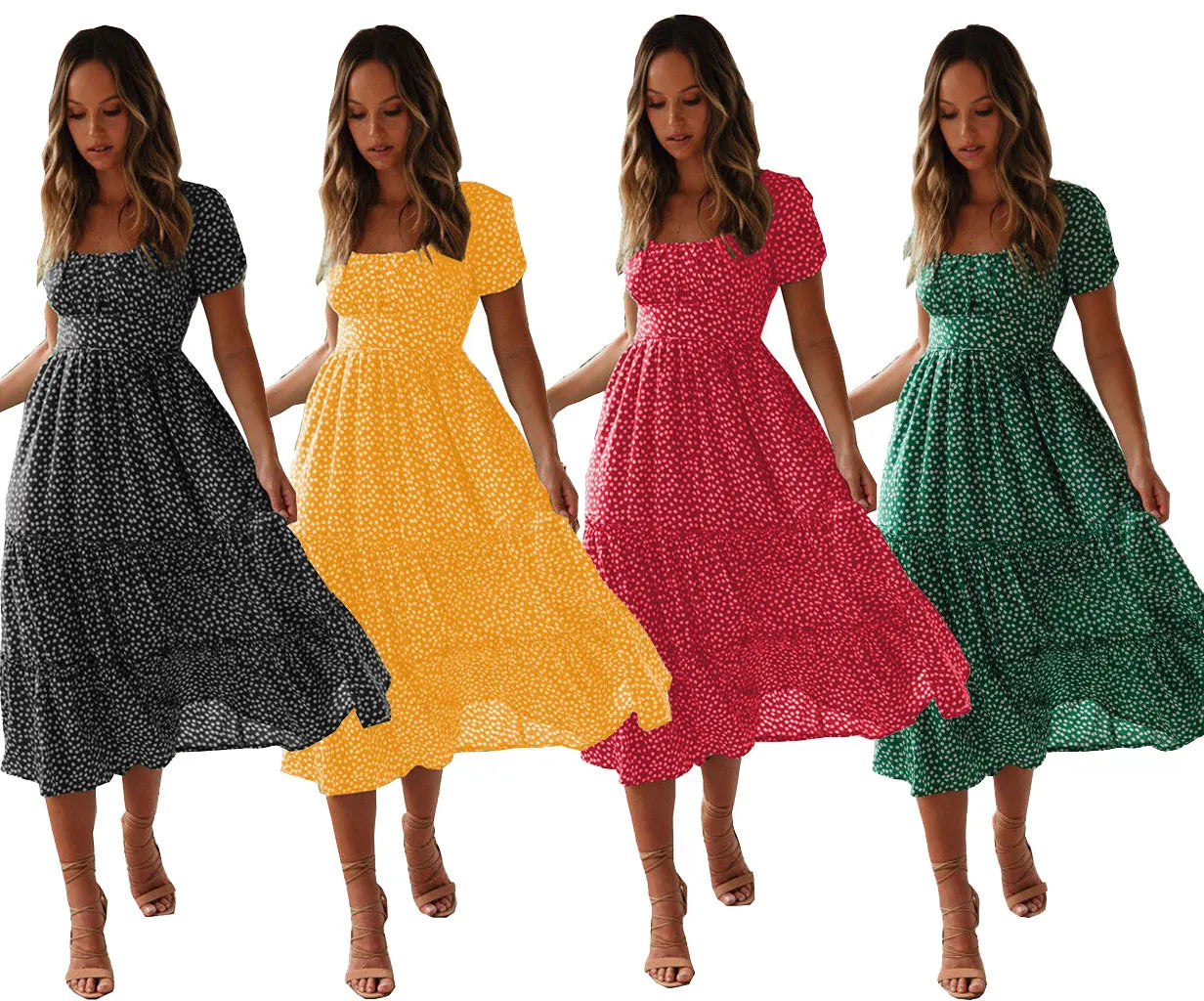 Square Collar Short Sleeve Dress Summer Puff Floral Printed Dress Long Dresses
