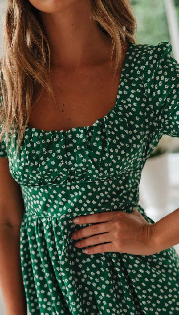 Square Collar Short Sleeve Dress Summer Puff Floral Printed Dress Long Dresses