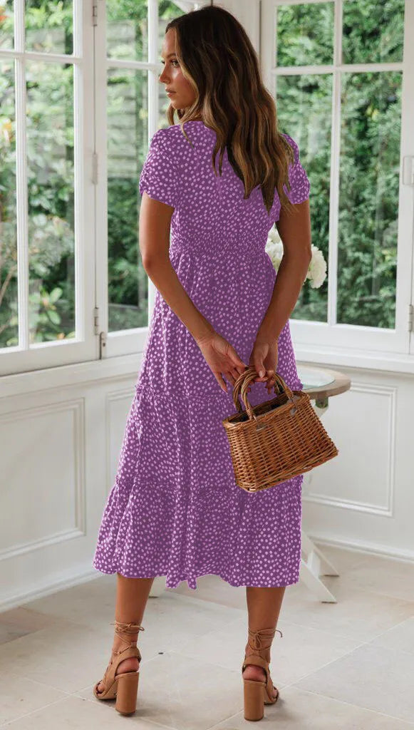 Square Collar Short Sleeve Dress Summer Puff Floral Printed Dress Long Dresses