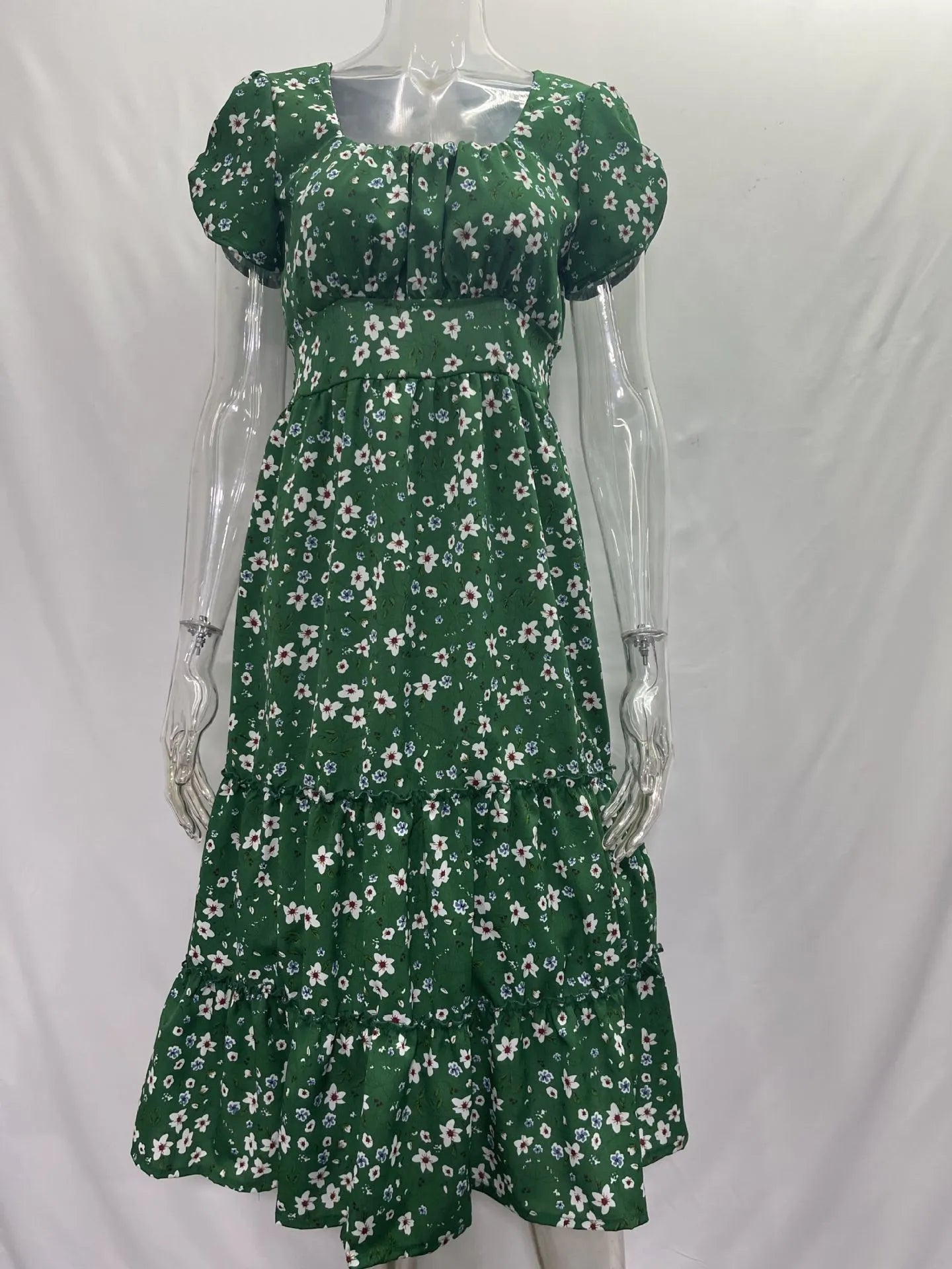 Square Collar Short Sleeve Dress Summer Puff Floral Printed Dress Long Dresses