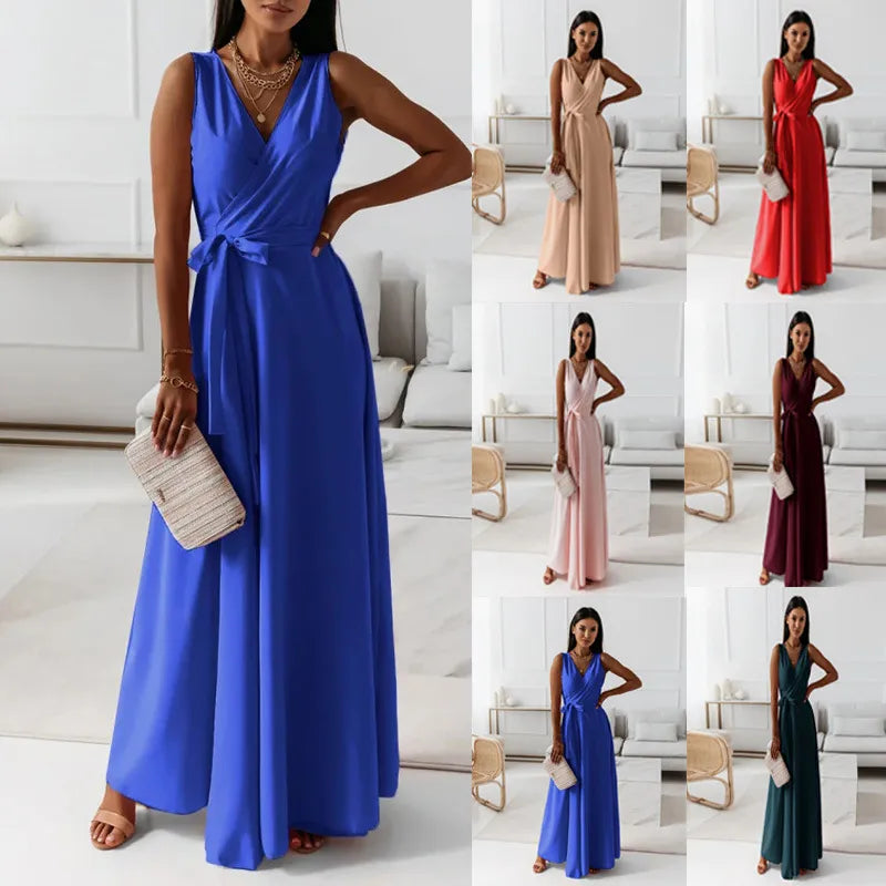 V-neck Sleeveless Dress With Belt Summer Fashion Party Club Evening Maxi Dresses For Women Clothing