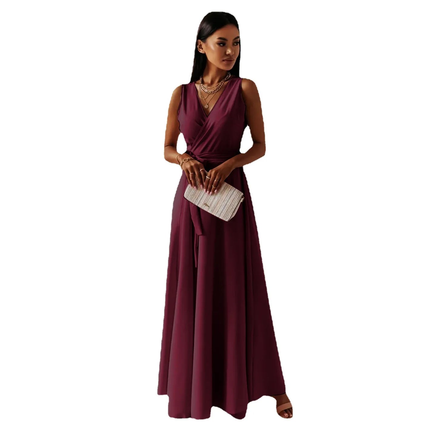 V-neck Sleeveless Dress With Belt Summer Fashion Party Club Evening Maxi Dresses For Women Clothing