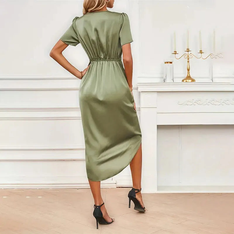 Women's Satin Short Sleeve Stomach Blanket Cross Collar Dress