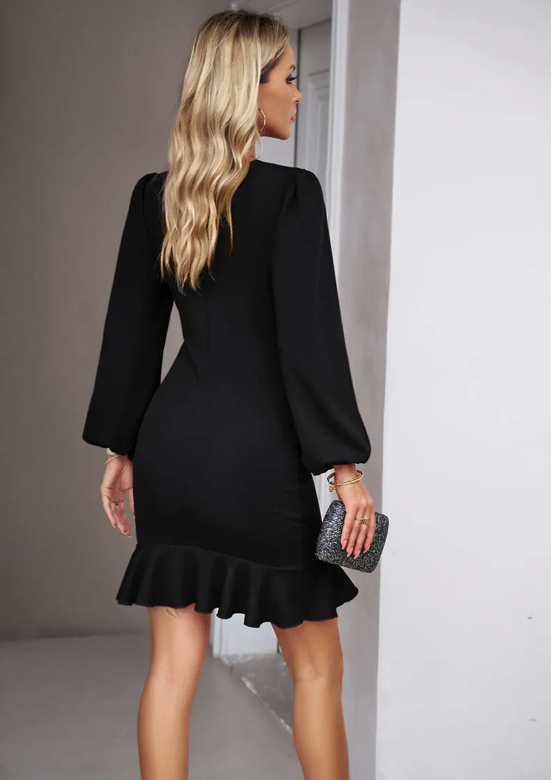 Women's Puff Long Sleeve Dresses Fashion Graceful Solid Color Slim Hip-covering Short Dress Womens Clothing