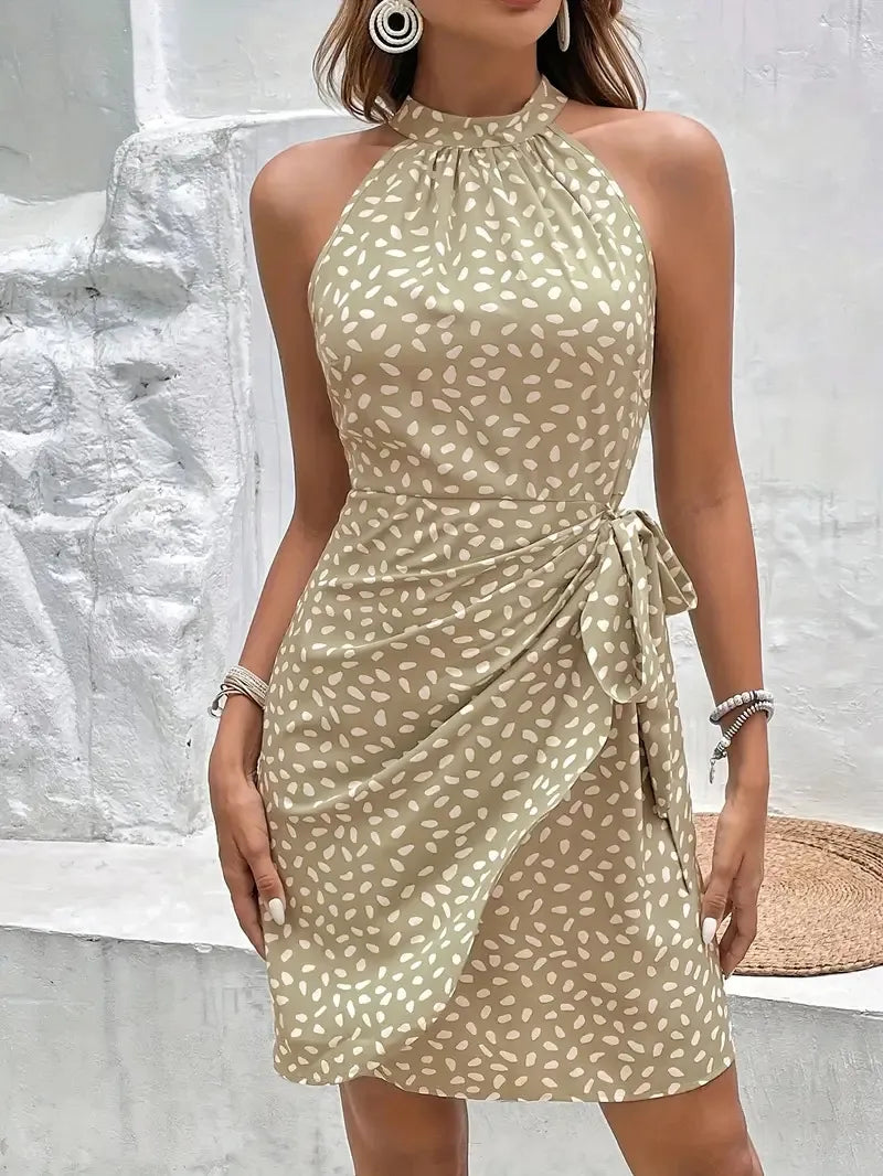 Summer Halterneck Printed Dress With Tied-waist Design Women's Shivering Dots Temperament Dress