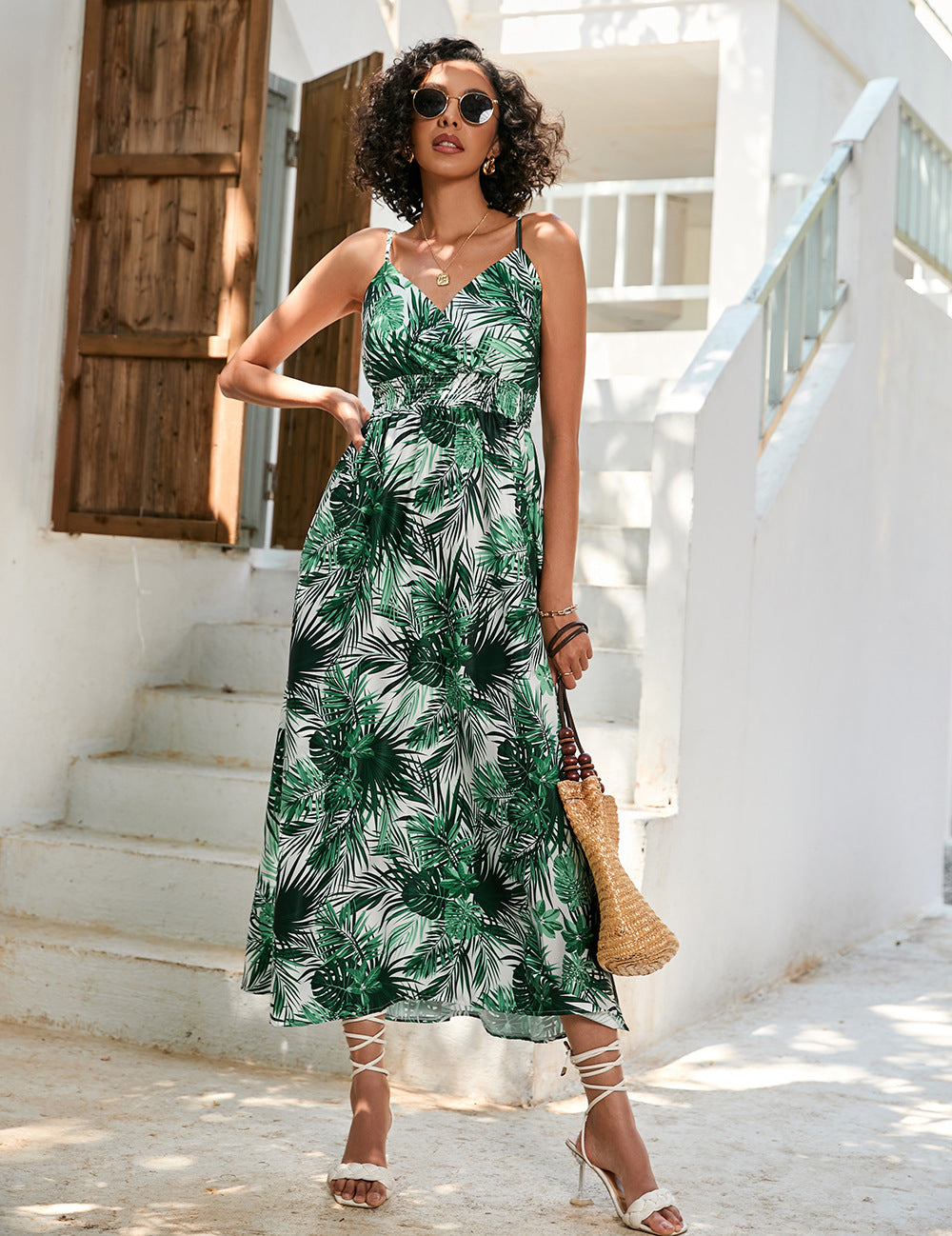 Women's Printed Waist-controlled Mid-length Sling Dress