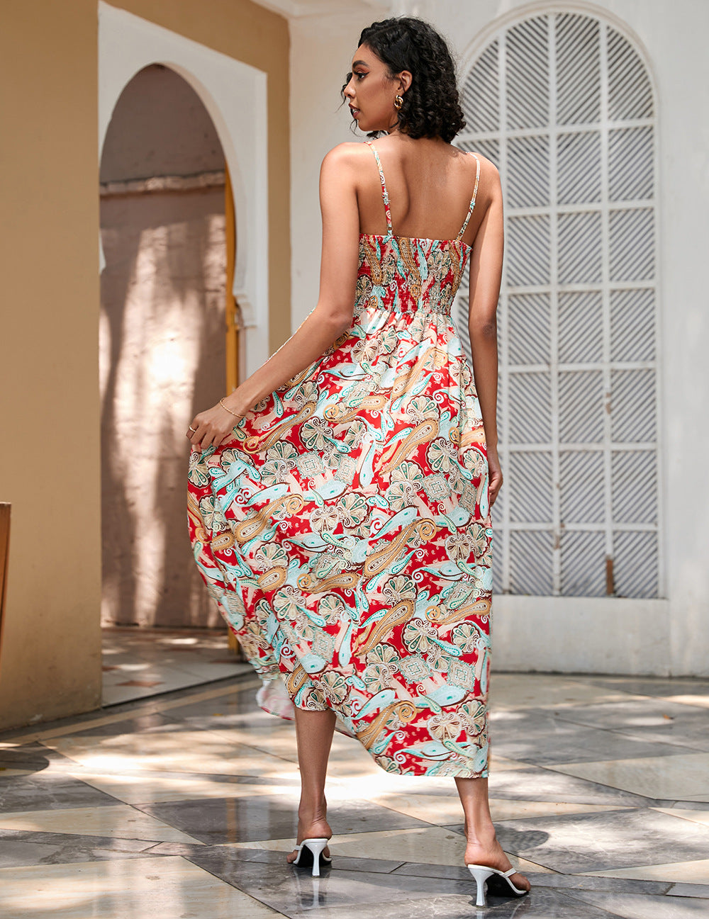 Women's Printed Waist-controlled Mid-length Sling Dress