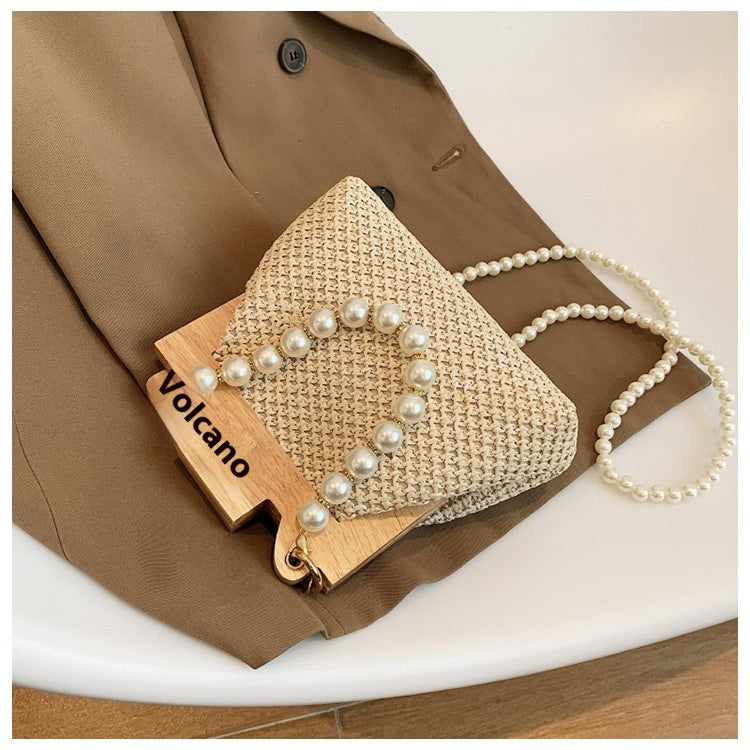 Women's Straw Beach Pearl Chain Woven Shoulder Bag