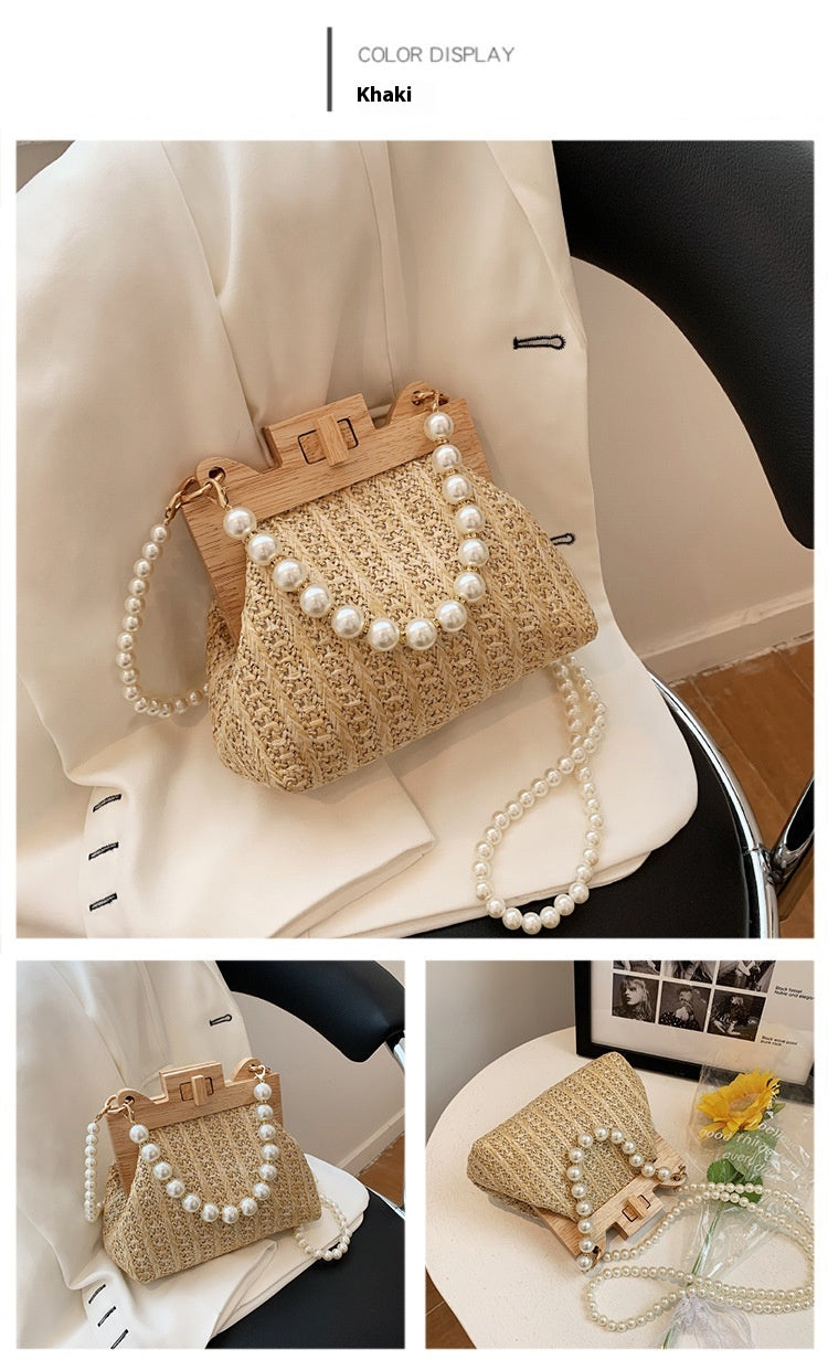 Women's Straw Beach Pearl Chain Woven Shoulder Bag