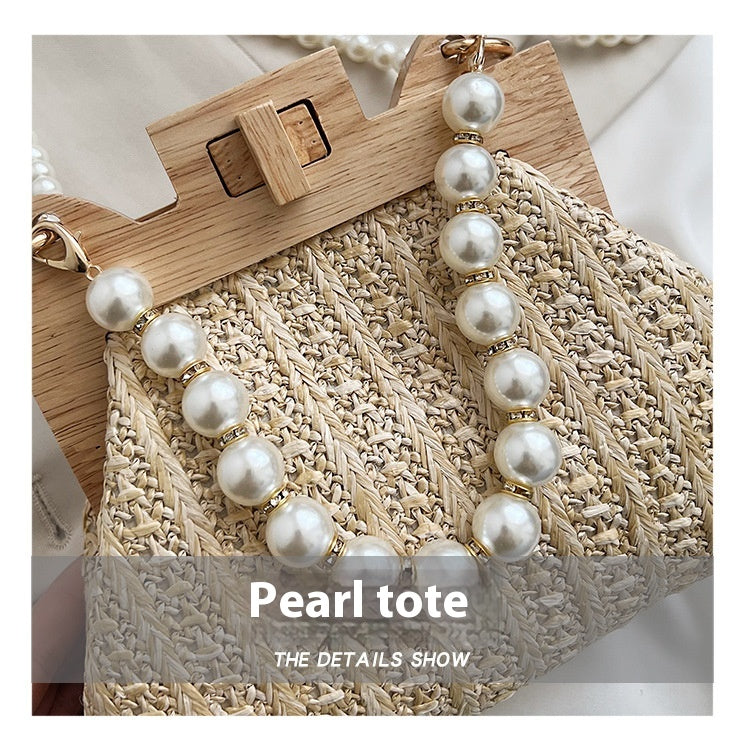 Women's Straw Beach Pearl Chain Woven Shoulder Bag