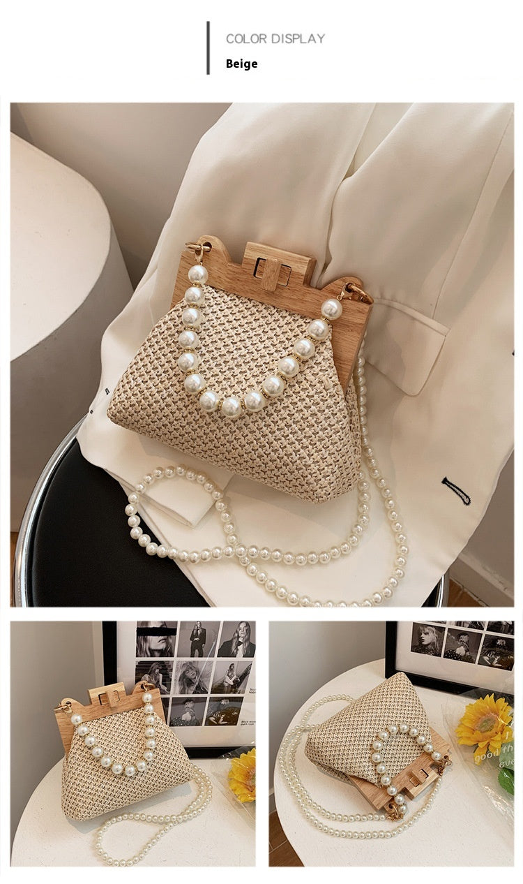 Women's Straw Beach Pearl Chain Woven Shoulder Bag