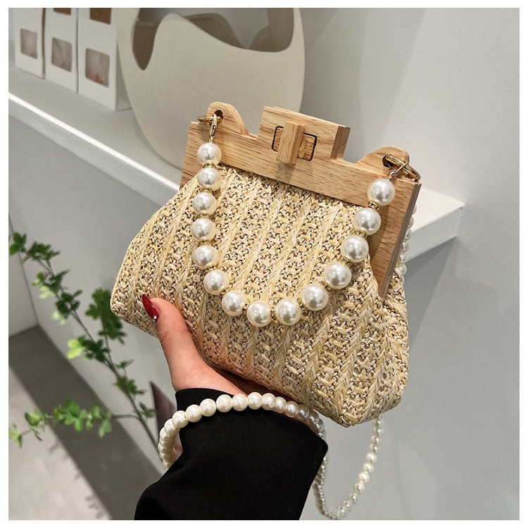 Women's Straw Beach Pearl Chain Woven Shoulder Bag