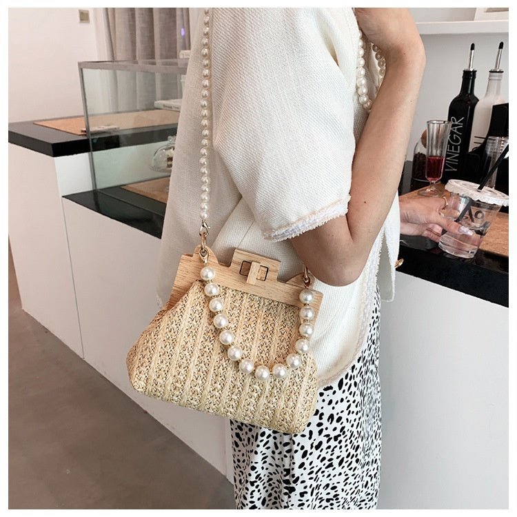 Women's Straw Beach Pearl Chain Woven Shoulder Bag