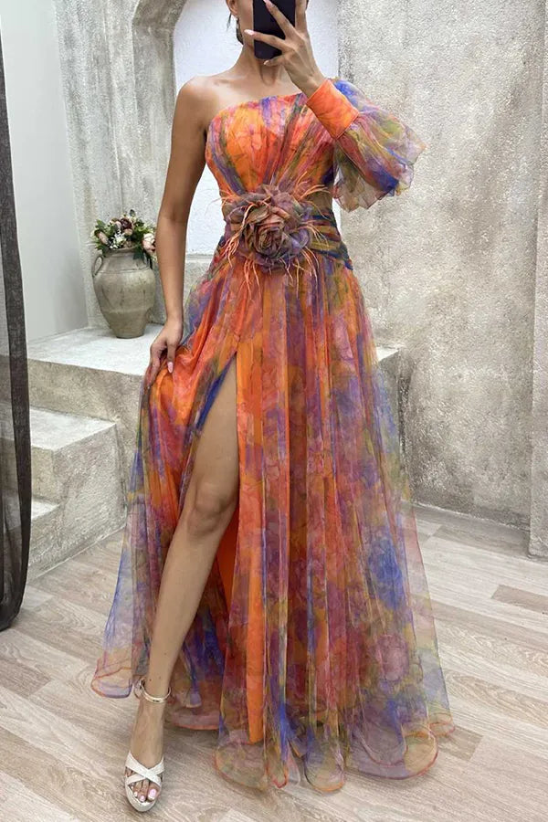 Mesh Tie-dye Printed Off-shoulder Slit Dress Summer INS Fashion Long Dress Party Womens Clothing