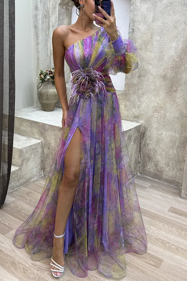 Mesh Tie-dye Printed Off-shoulder Slit Dress Summer INS Fashion Long Dress Party Womens Clothing