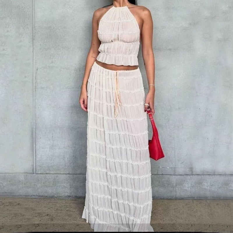 2pcs Women's Dress Suit Sexy Sleeveless Backless Cropped Halter Top And Pleated Long Skirt Beach Clothing