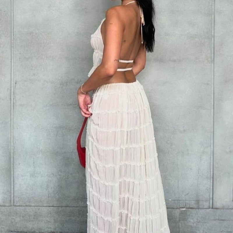 2pcs Women's Dress Suit Sexy Sleeveless Backless Cropped Halter Top And Pleated Long Skirt Beach Clothing