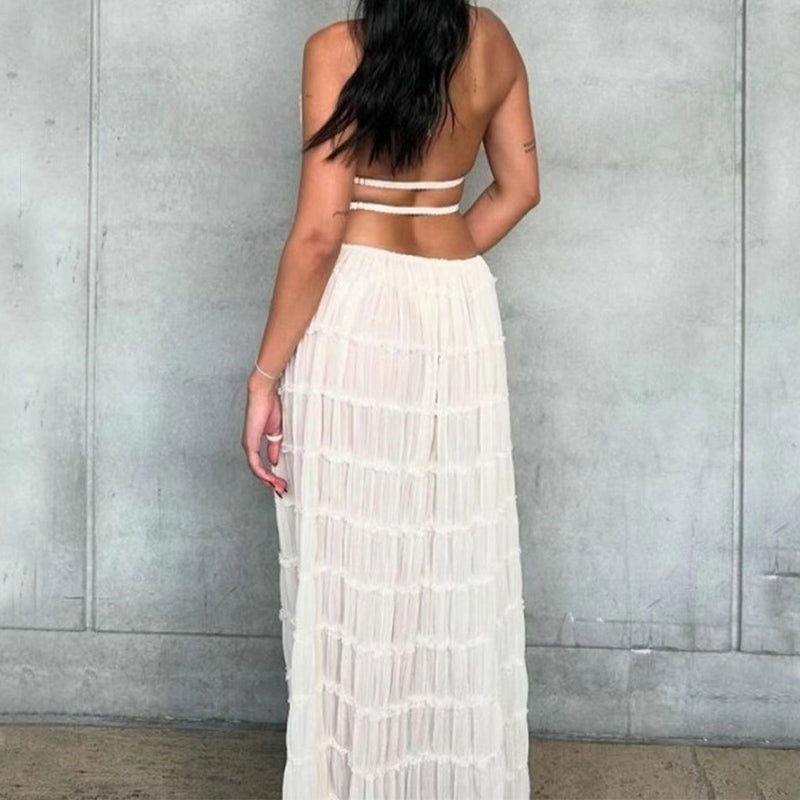 2pcs Women's Dress Suit Sexy Sleeveless Backless Cropped Halter Top And Pleated Long Skirt Beach Clothing