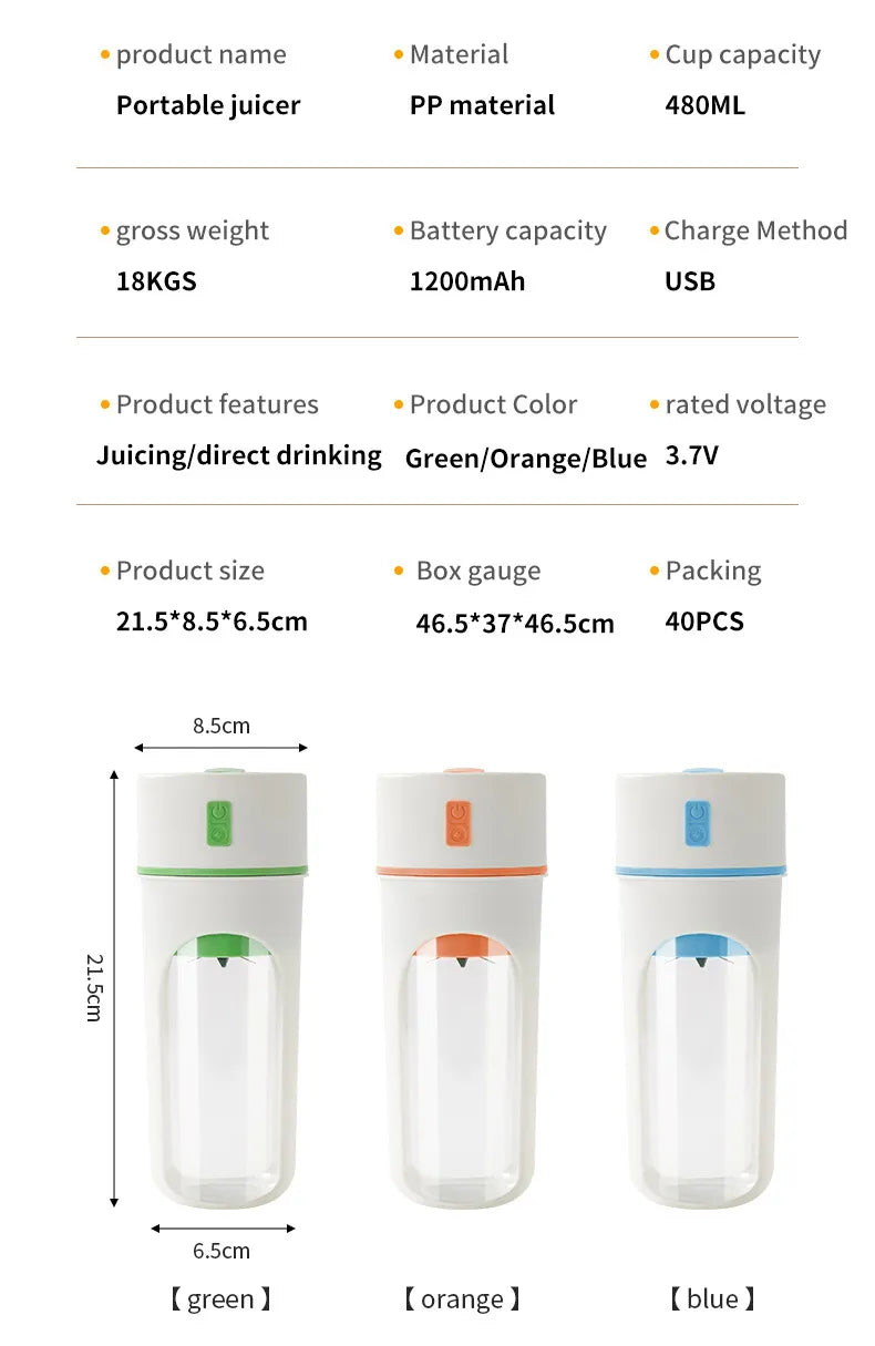 Kitchen Electric Juicer USB Charging Wireless Juices Blender Fruit Orange Mixer Squeezer Machine Ice Crush Cup Food Processor