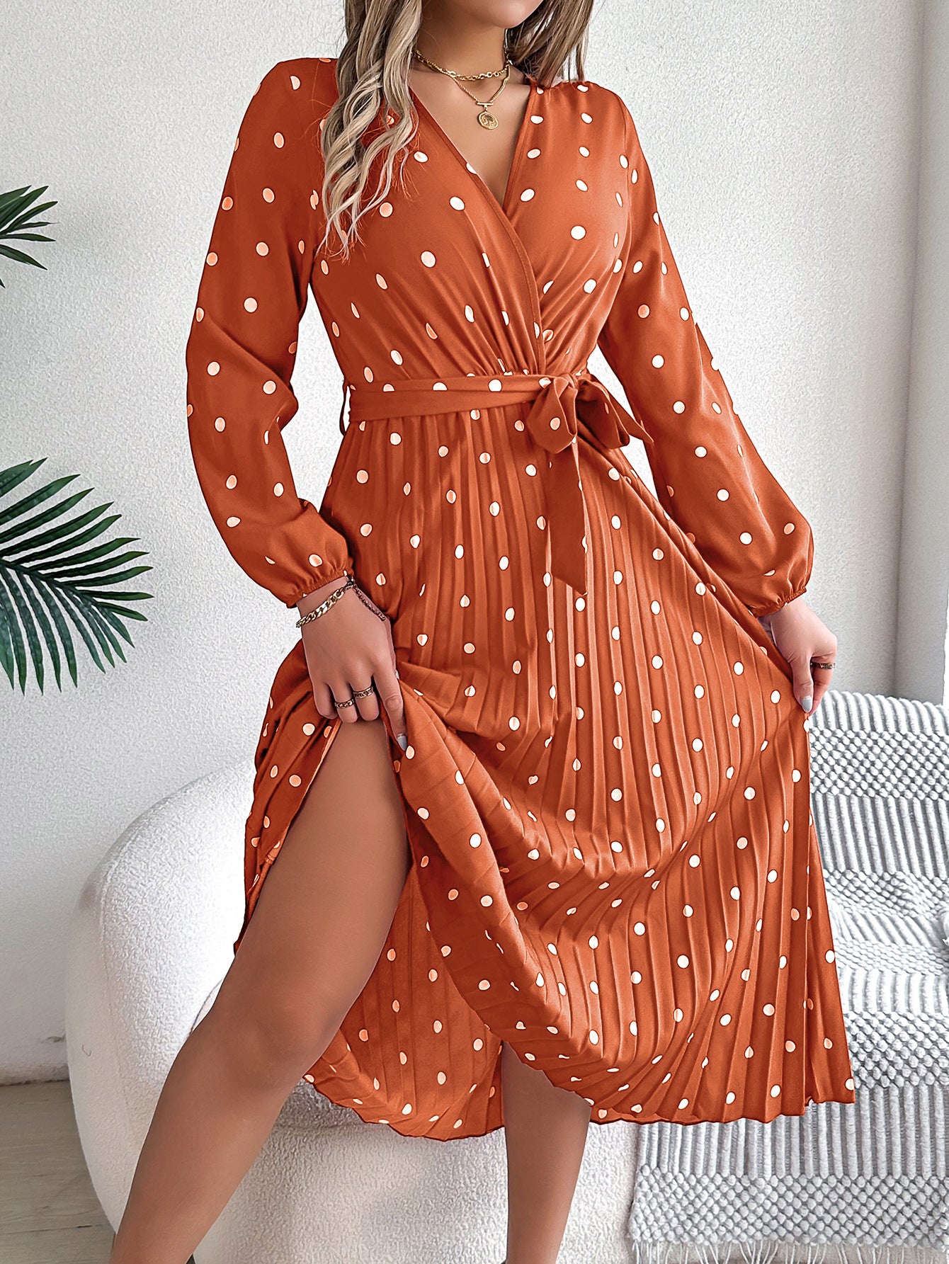 Spring Summer Elegant Long Dress Cross V-Neck Contrast Polka Dot Long Sleeve Pleated Bridesmaid Dresses