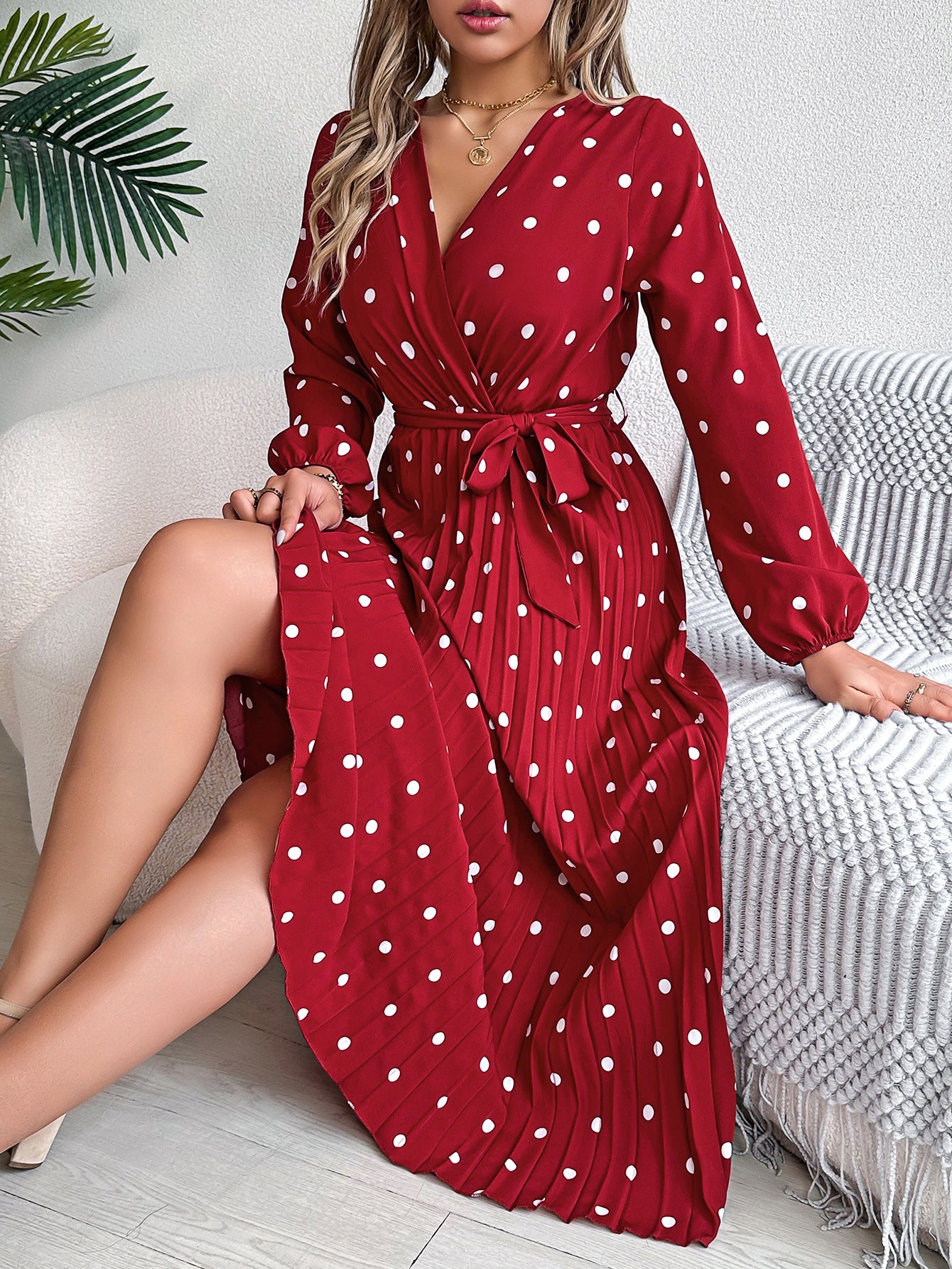 Spring Summer Elegant Long Dress Cross V-Neck Contrast Polka Dot Long Sleeve Pleated Bridesmaid Dresses