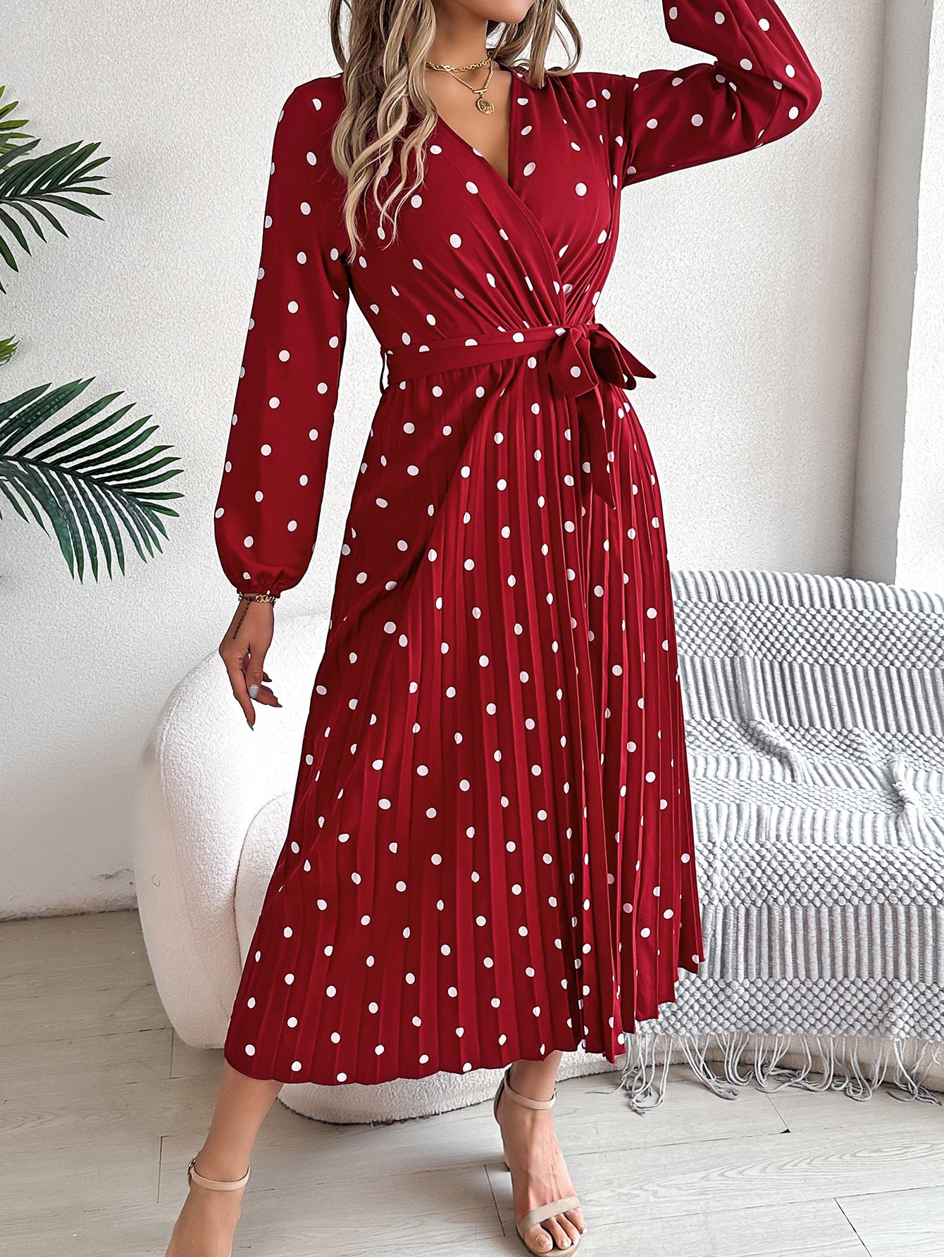 Spring Summer Elegant Long Dress Cross V-Neck Contrast Polka Dot Long Sleeve Pleated Bridesmaid Dresses