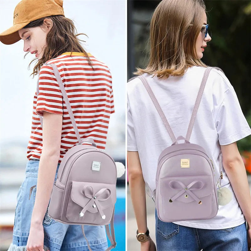 Fashion Women's Bags PU Bow Composite Bag Young Girl Student Cute Shoulders Backpack Crossbody Bags Coin Purse 3pcs Set