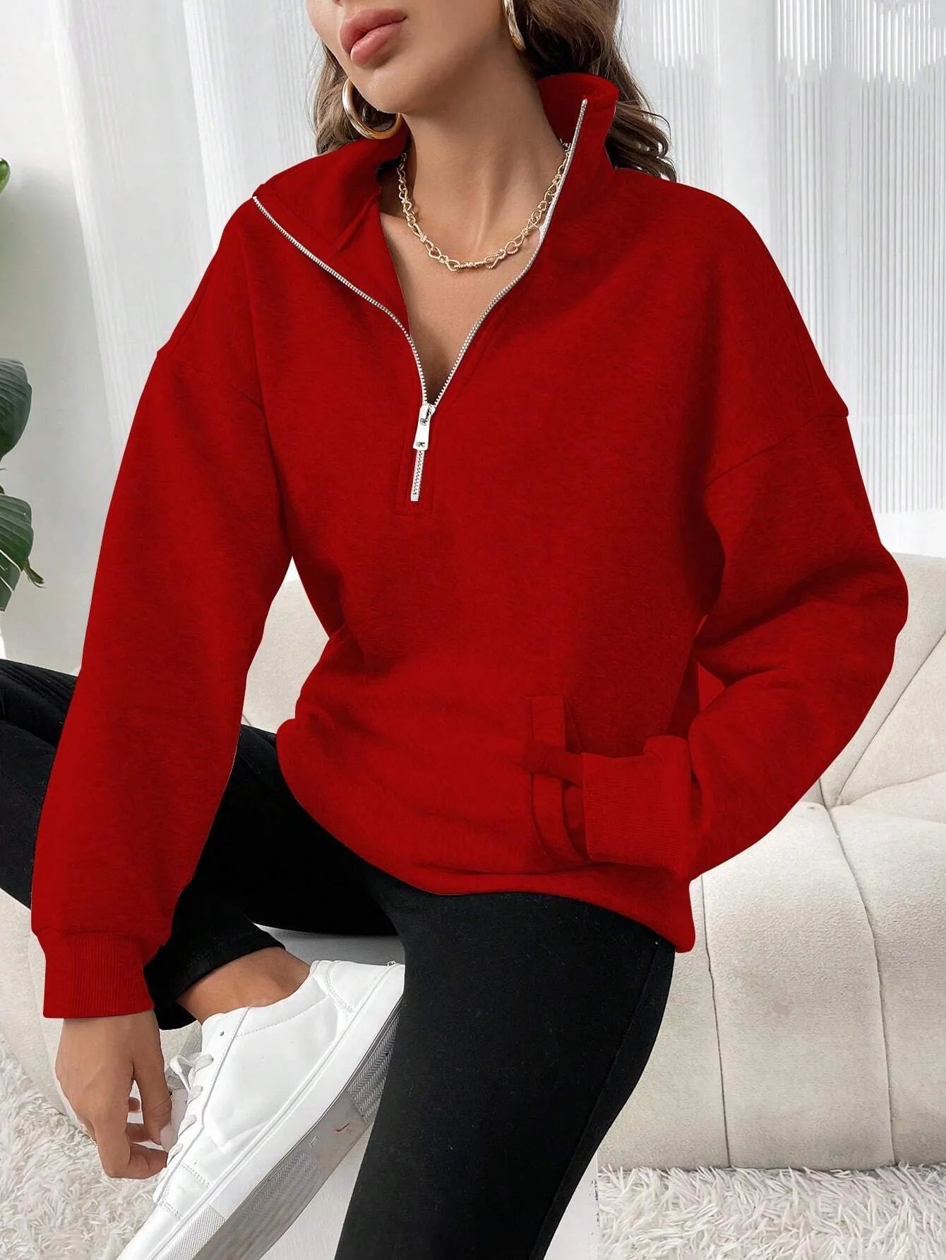 Polo Collar Solid Color Casual Women's Hoodie