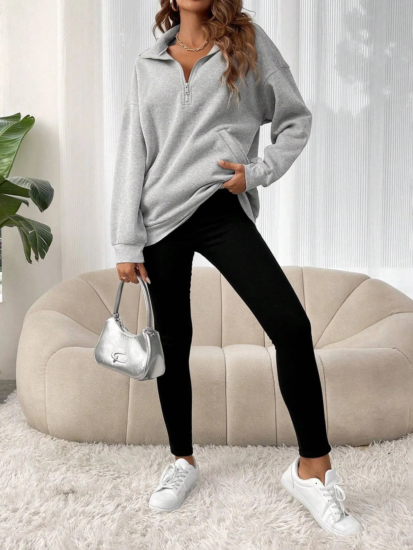 Polo Collar Solid Color Casual Women's Hoodie