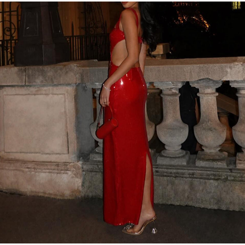 Sequin Sling Square Collar Backless Dress Dress Skirt