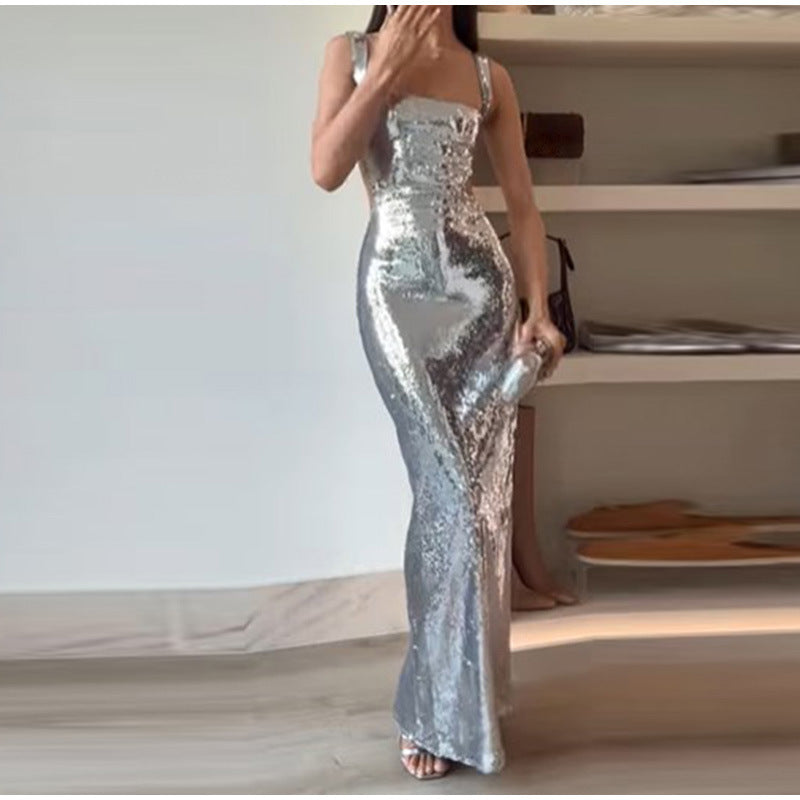 Sequin Sling Square Collar Backless Dress Dress Skirt