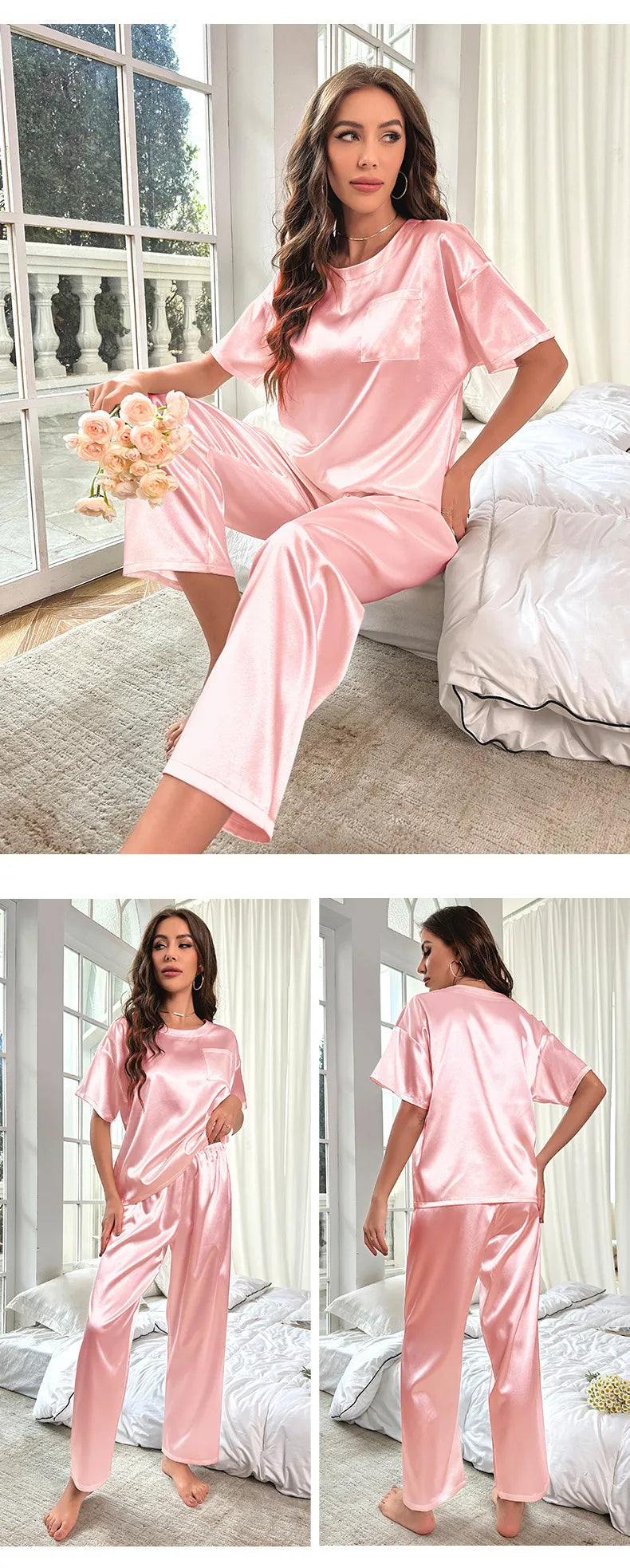 Ice Silk Pajamas For Women Summer Short Sleeve Trousers