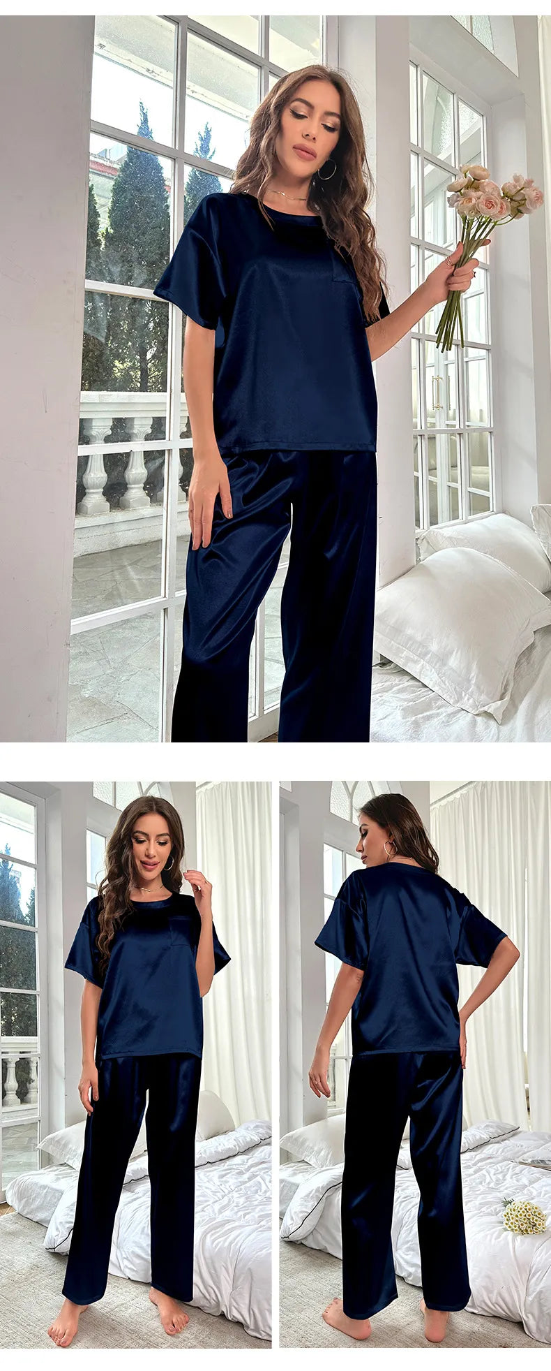 Ice Silk Pajamas For Women Summer Short Sleeve Trousers