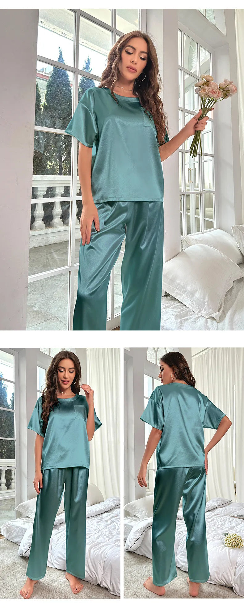 Ice Silk Pajamas For Women Summer Short Sleeve Trousers