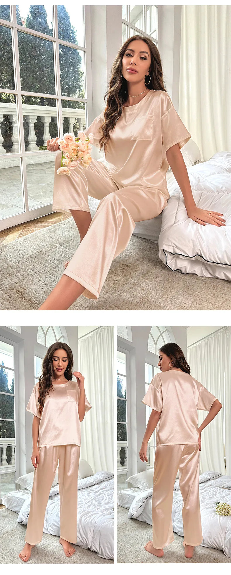 Ice Silk Pajamas For Women Summer Short Sleeve Trousers