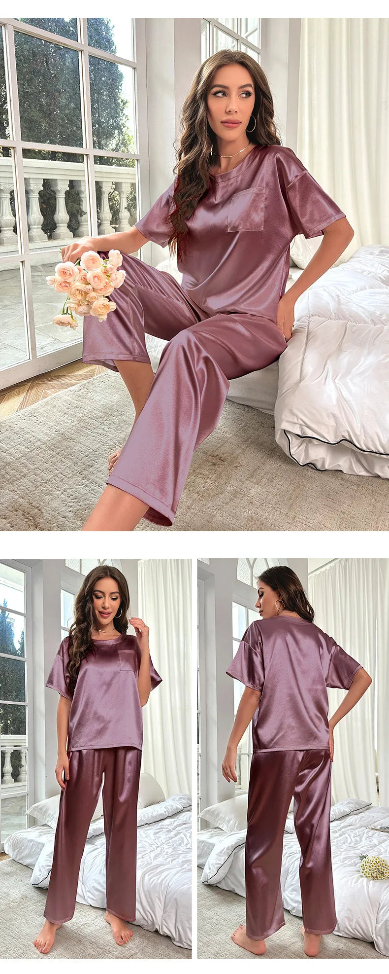 Ice Silk Pajamas For Women Summer Short Sleeve Trousers