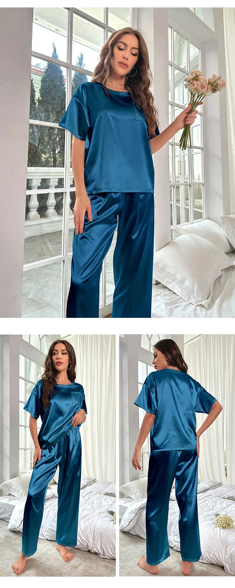 Ice Silk Pajamas For Women Summer Short Sleeve Trousers