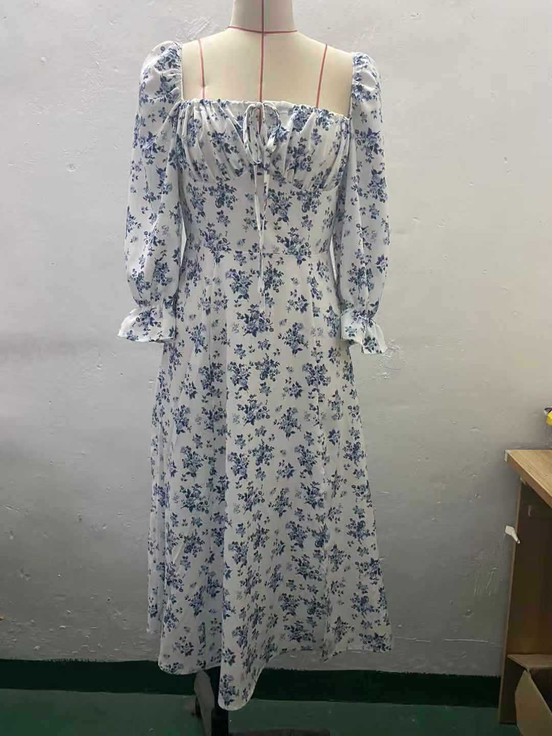 Flowers Printing Long Sleeve Dress Fashion Square-neck Bottom Slit Dresses Womens  Clothing