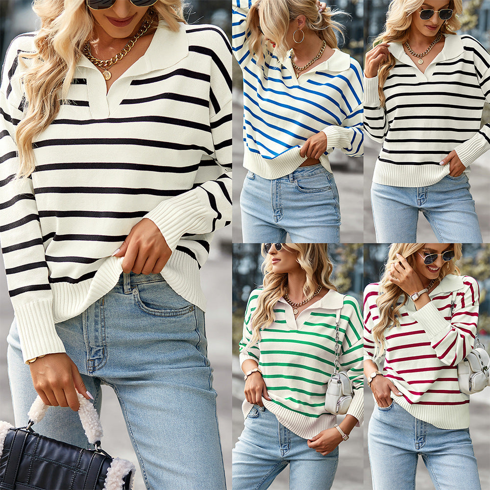 Women Striped Long Sleeve Pullover Sweater Casual Loose Polo V Neck Color Block Lightweight Knitted Fall Shirts Tops