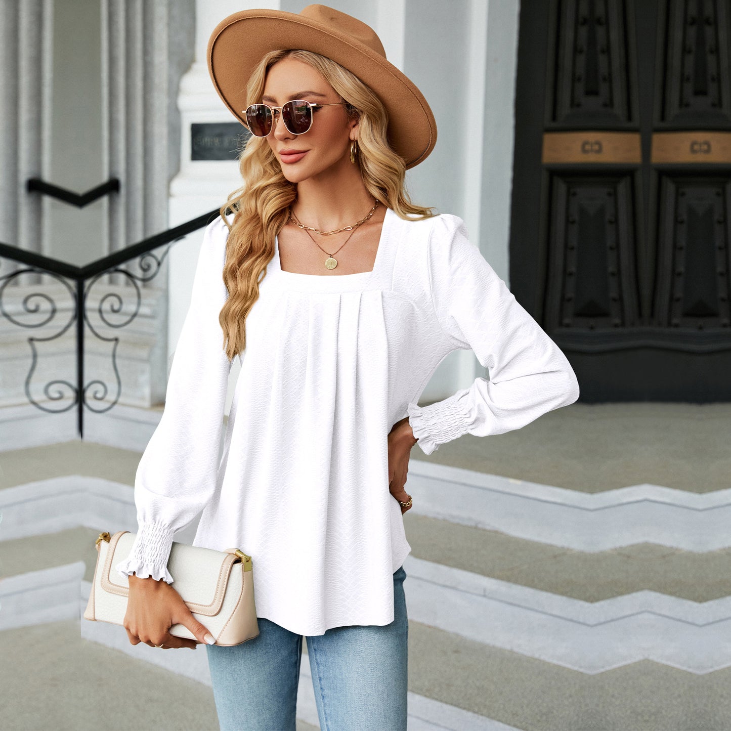 New Jacquard Pleated Square Neck T-shirt Fashion Solid Color Long Sleeve Pullover Tops Womens Clothing