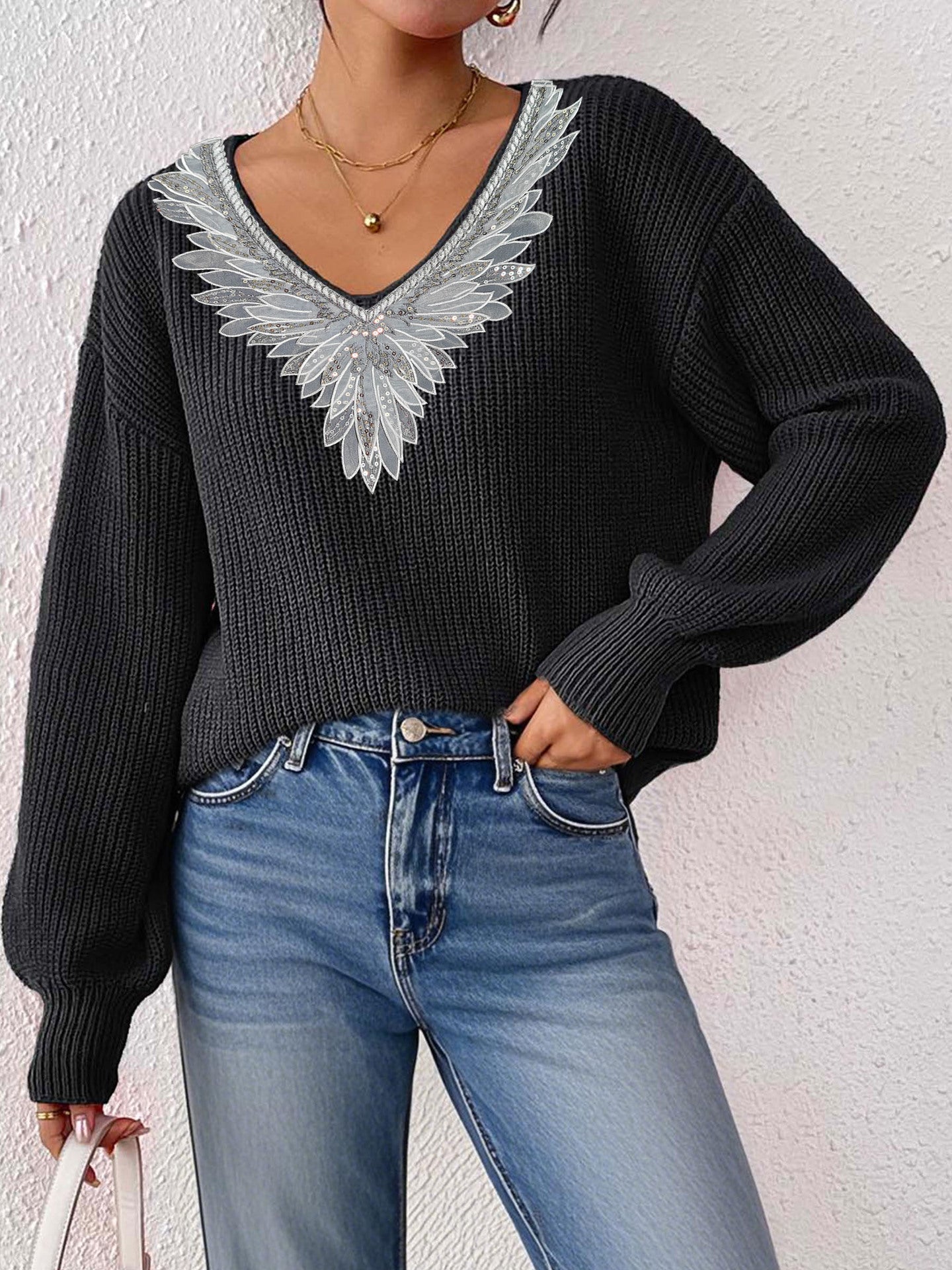 Lace Sequins Bow Tie V-neck Patchwork Pullover Long Sleeve Sweater