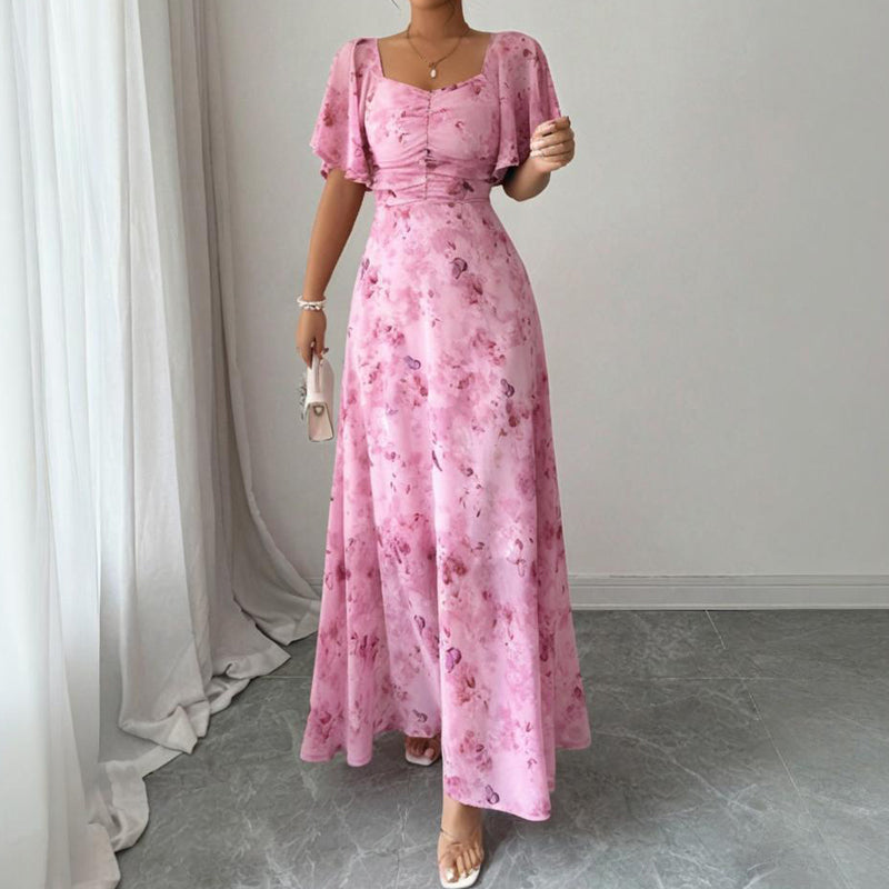 Women's Solid Color Square Neck Short Sleeve Butterfly Print Flowy Dress A-Line Summer Vacation Maxi Dress