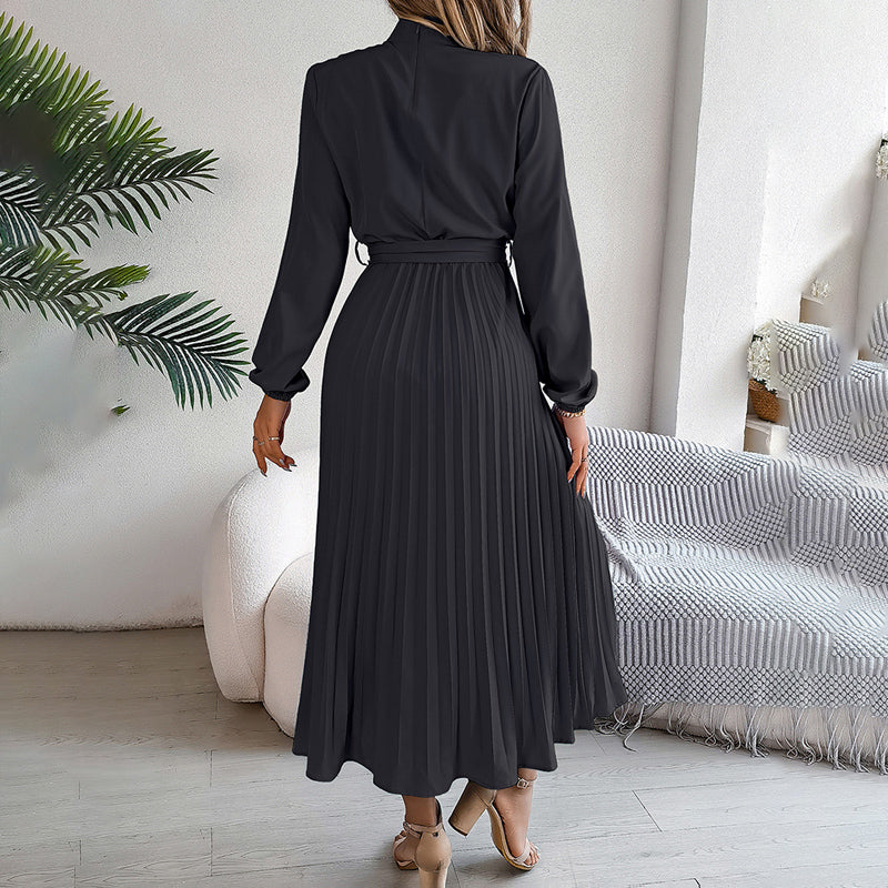 Elegant High Neck Long Sleeve Pleated Maxi Dress - Solid Color Flowy Dress For Women, Casual To Formal Wear-FREE USA SHIPPING