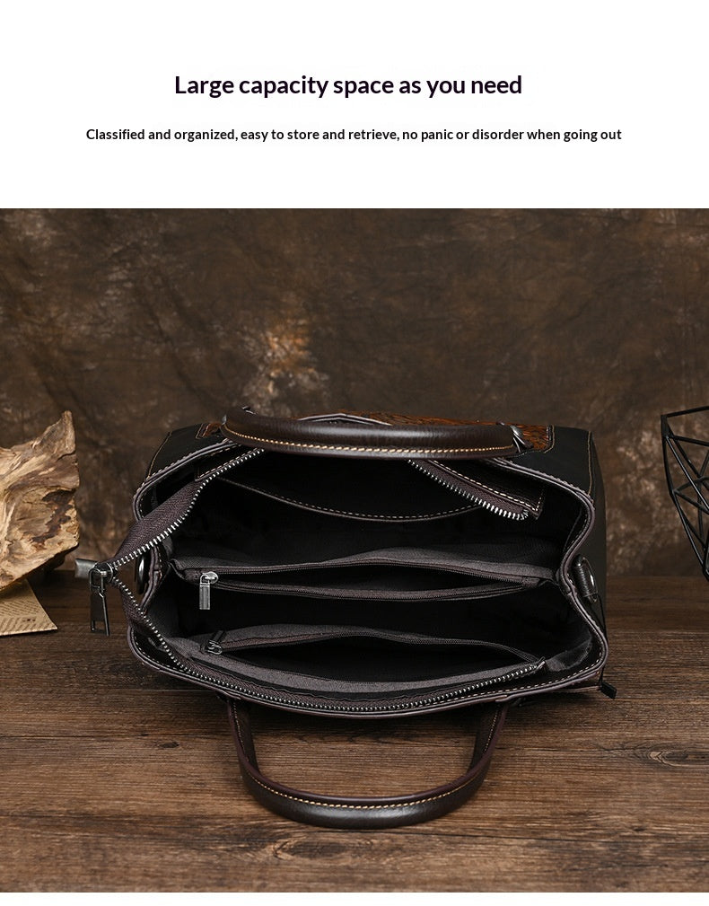 Single-shoulder Slanted-top Full-grain Leather Tote Bag With Leather Carving