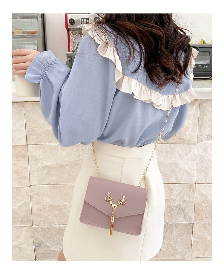Tassel Deer Head Contrast Color Chain Small Square Leisure Phone Bag