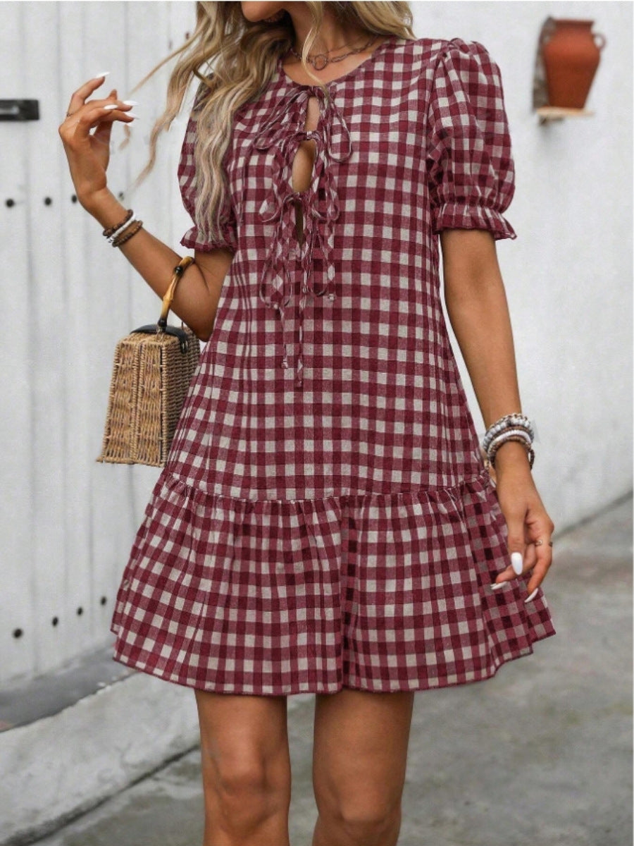 Plaid Drawstring Puff Sleeve Bohemian Dress