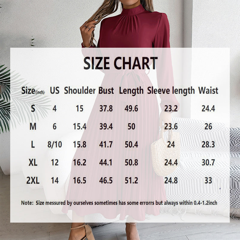 Elegant High Neck Long Sleeve Pleated Maxi Dress - Solid Color Flowy Dress For Women, Casual To Formal Wear-FREE USA SHIPPING