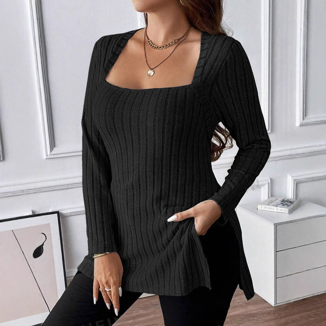 Rib Fabric Brushed Square Collar Long Sleeve Top